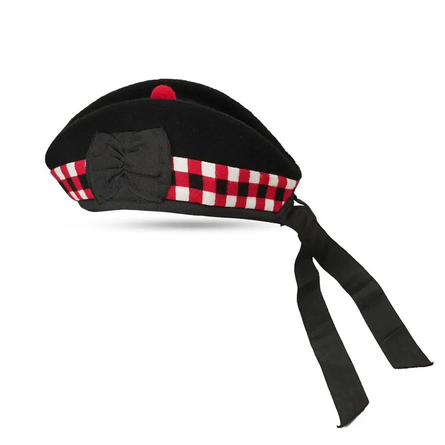 Black Glengarry cap with red and white diced band