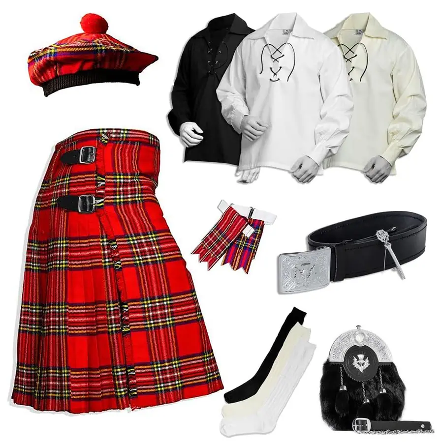Royal Stewart tartan Highland wear set with kilt, shirts, belt, socks, cap and sporran