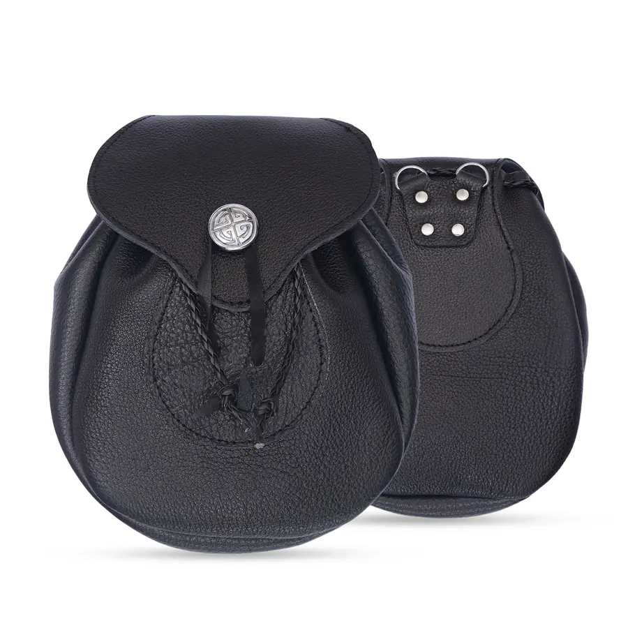 Black leather day sporran shown from the front and back